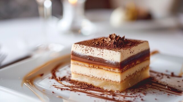 A layered dessert with chocolate, caramel, and cream on a white plate. The dessert is garnished with chocolate shavings and a drizzle of sauce.