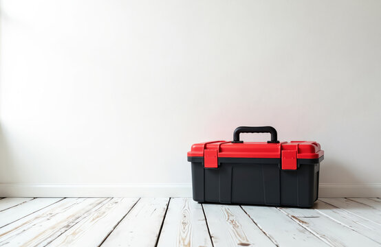 Black and red toolbox on the wooden floor against white wall. The tool box with handle is new. Background provides copy space for design or concept.