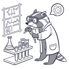 Cartoon raccoon scientist performing an experiment with test tubes in a line art laboratory setting