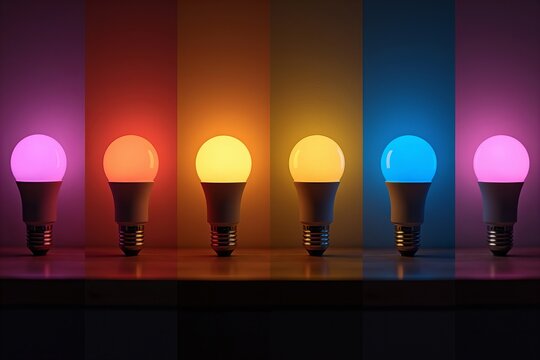 Photo series documenting the changing ambiance in a cozy living room setting as various colored LED lightbulbs are turned on, revealing the influence of light on mood. - Powered by Adobe