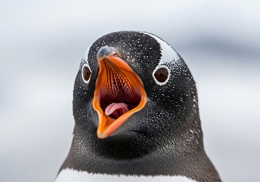 Closeup of a gentoo penguin with its mouth wide open, revealing its orange beak and pink tongue, against a blurred icy background