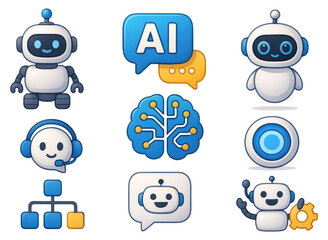 AI and robot icons with brain chatbot headset and network diagram isolated on a transparent background