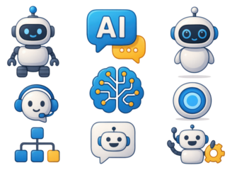 AI and robot icons with brain chatbot headset and network diagram isolated on a transparent background