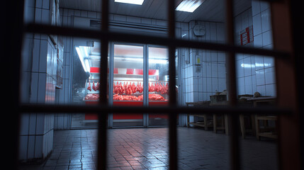 Meat cuts hang in a butcher shop window. Blue lighting creates a moody nighttime atmosphere.