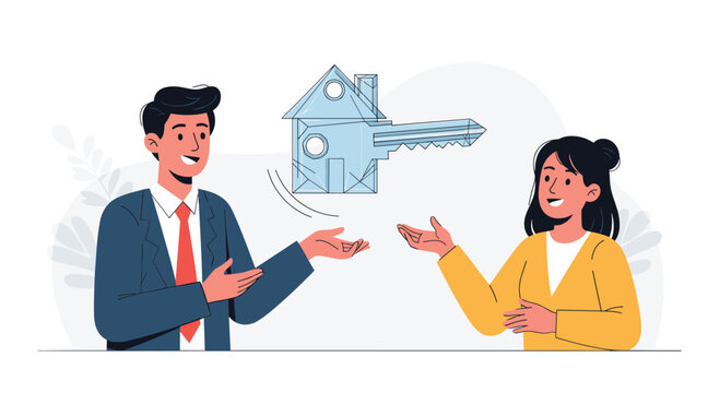 Realtor handing over keys to a new home buyer representing a successful real estate transaction and a promising financial future