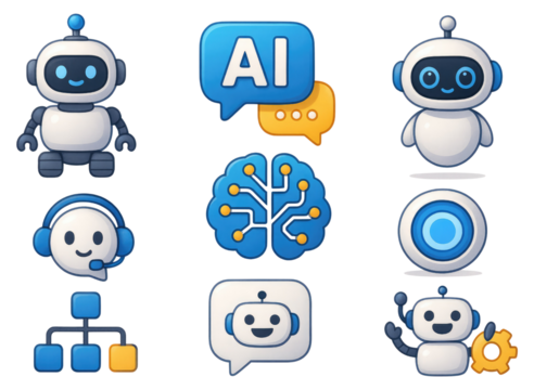 AI and robot icons with brain chatbot headset and network diagram isolated on a transparent background