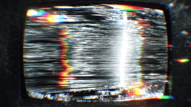A grainy, monochromatic television screen displaying distorted static with streaks of color