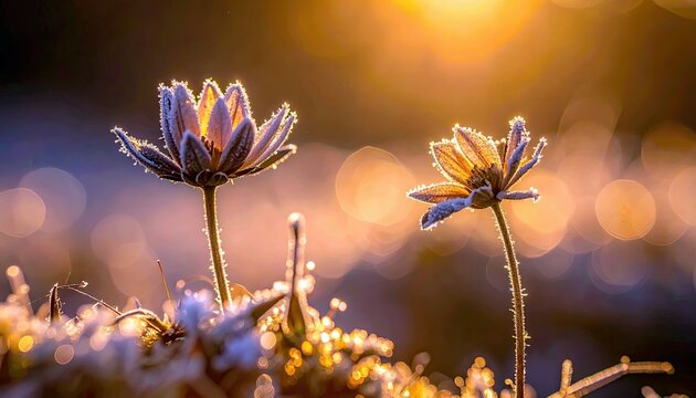 Two frost-covered flowers stand tall in the soft, golden light of sunrise, with a blurred background of bokeh lights. - Powered by Adobe
