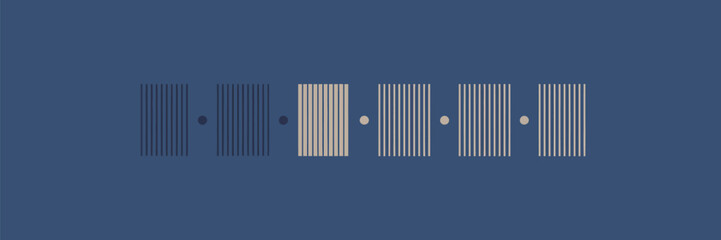 A series of vertical lines arranged in groups with small circles separating them on a blue background