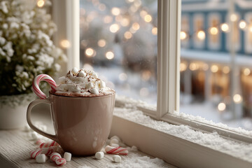 Hot chocolate mug with candy cane and marshmallows by window.
