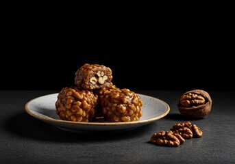 Delicious walnut sweet, beautifully presented, offering a rich, comforting taste experience. Perfect for dessert menus or a cozy treat ,confectionery ,scrumptious ,close-up