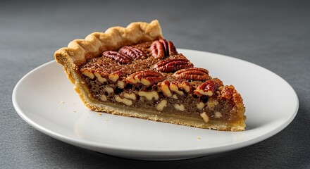 Delicious, golden-brown pecan pie slice with a flaky crust, showcasing the sweet, nutty filling, perfect for any occasion ,indulgence ,golden brown ,delectable