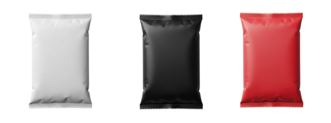 Set of three blank snack packaging bags in white, black, and red colors on a transparent background. Ideal for food branding, product design, and packaging mockup concepts