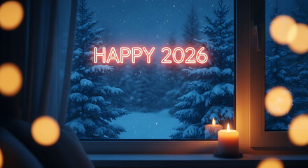 Happy 2026, New Year, New Year's Eve, neon sign, winter, greeting, holiday, celebration, window, cozy, glow, candle, night,