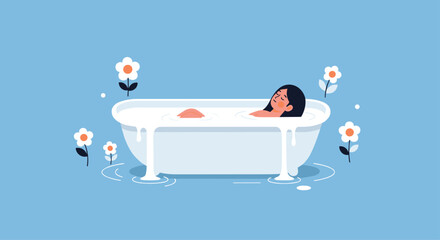 Relaxing milk bath with serene woman soaking in floral scene for wellness blogs or spa promotions and peaceful self-care concept illustrations