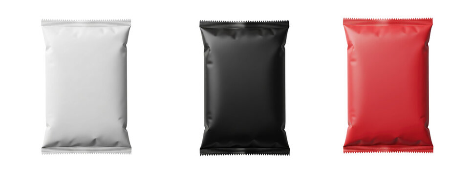 Set of three blank snack packaging bags in white, black, and red colors on a transparent background. Ideal for food branding, product design, and packaging mockup concepts