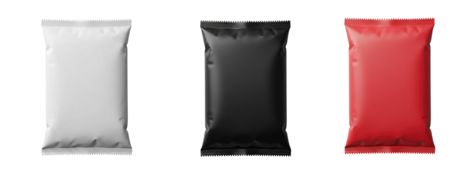 Set of three blank snack packaging bags in white, black, and red colors on a transparent background. Ideal for food branding, product design, and packaging mockup concepts