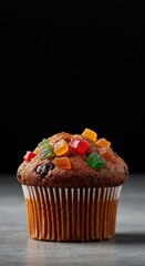 Delicious, moist fruitcake cupcake, richly adorned with candied fruits and nuts. A perfect individual treat for any festive occasion or sweet indulgence ,aroma ,confectionery ,raisin