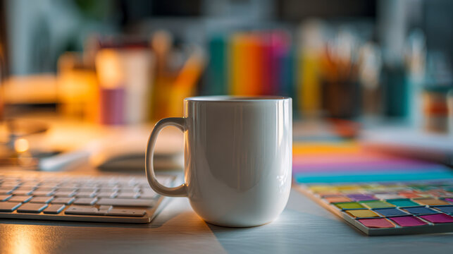 White ceramic mug placed on a modern desk with computer keyboard and colorful swatch book in a creative workspace with warm lighting and blurred background