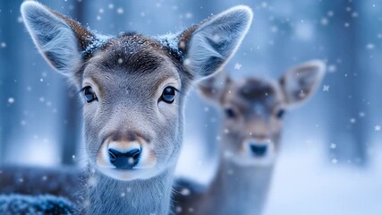 Snowy Deer in Serene Winter Forest Peaceful Wildlife Amidst Falling Snowflakes, Showcasing Natures Beauty and Gentle Animals in Tranquil Atmosphere