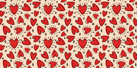 Vector seamless pattern with hand-drawn red hearts. Suitable for packaging, printing, cards, wallpaper, banners, scrapbooking, textiles, and holiday design.