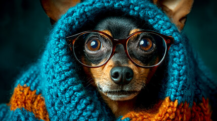 A cute little black and brown Chihuahua wearing glasses is wrapped in an oversized blue knitted scarf