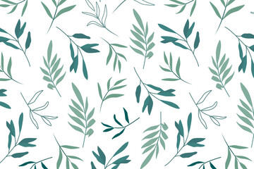Obraz premium Seamless vector pattern with green leaves and branches. Minimalist botanical illustration on white background, combining solid and outline styles. Ideal for fabric, wallpaper, wrapping paper, and eco.
