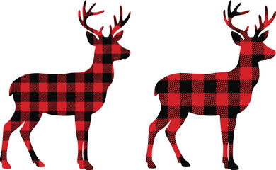 Buffalo plaid deer, red black silhouette, rustic holiday animal, festive winter design, Christmas vector art, woodland clipart, seasonal illustration