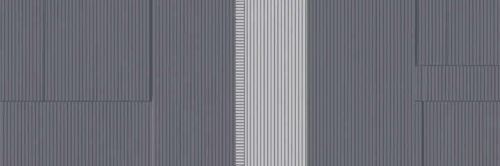 A gray and white corrugated metal wall with vertical lines and a central dividing section design detail