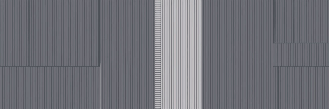 A gray and white corrugated metal wall with vertical lines and a central dividing section design detail