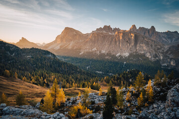 Sunset at Tofane mountains group. Dolomites, Cortina d'Ampezzo, Veneto, Italy.