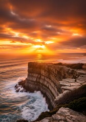 Dramatic Coastal Sunset Over Rugged Cliffs and Crashing Waves.