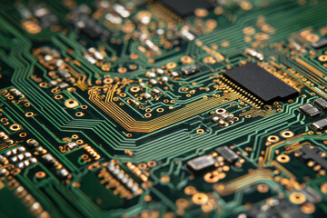 Detailed view of electronic circuit board with intricate gold pathways and integrated black microchip components for advanced technology and computing applications