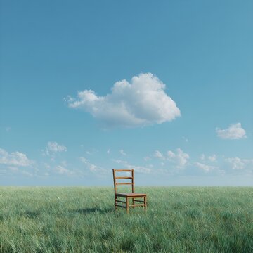 Empty chair in vast green field under a bright blue sky, peaceful solitude concept