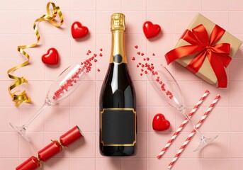 Valentine's Day flat lay. Champagne bottle, gift box with red ribbon, heart-shaped confetti in flutes, and decorations on pink background