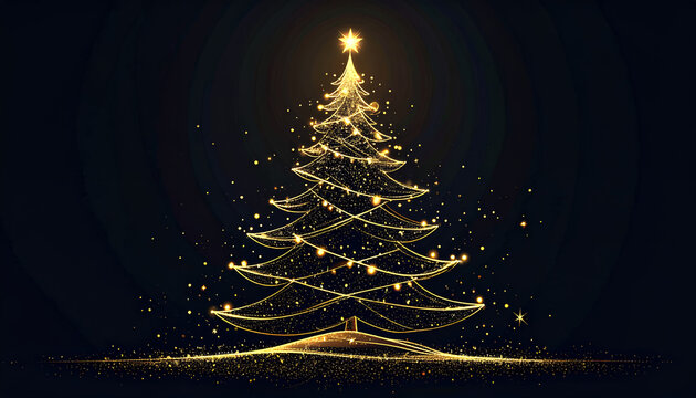Elegant Golden Christmas Tree with Sparkling Lights and Ornaments on a Dark Background