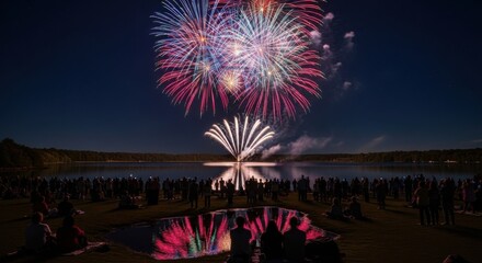 Spectacular fireworks display over lake for bonfire night celebration