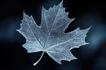 Frozen maple leaf with intricate vein patterns against a dark background