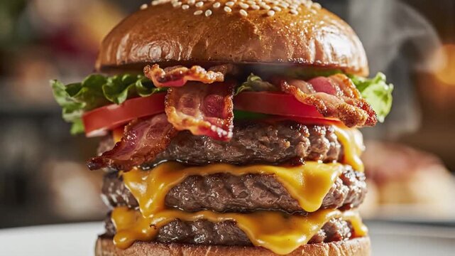 A juicy double bacon cheeseburger with lettuce and tomato, stacked high on a toasted bun, a delicious and satisfying meal animated 4k video