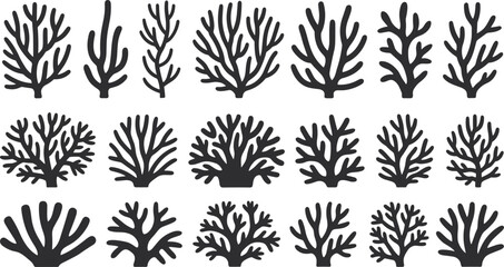 &ldquo;Collection of coral silhouettes in bold black vector style featuring various underwater reef shapes for marine, ocean, sea life illustration design&rdquo;