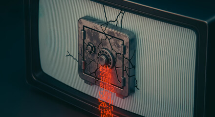 An artistic portrayal of a digital safe within a retro television screen, symbolizing information breach and cyber security threats, the digital data spilling out in vibrant detail.