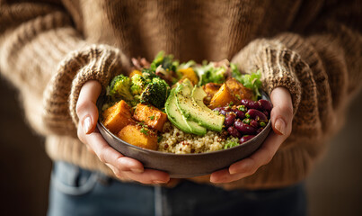 Healthy vegetarian dinner. Woman in jeans and warm sweater holding bowl with fresh salad, avocado, grains, beans, roasted vegetables, close-up. Superfood, clean eating, vegan, dieting food concept