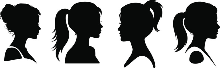 “Female portrait silhouette vector collection featuring elegant woman profiles, ponytail hairstyles, side view heads, modern minimal black design – cad drawing flat vector illustration”