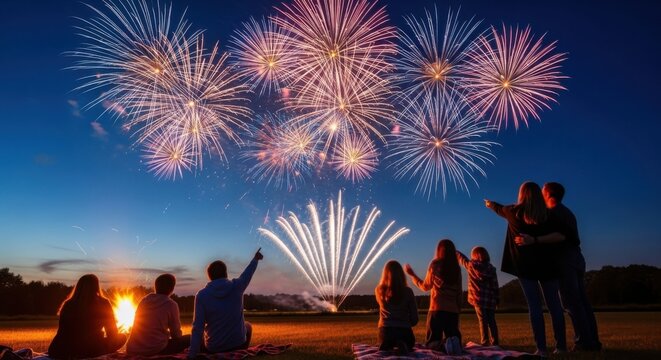Bonfire night celebration with fireworks display over field for autumn festivities