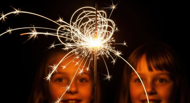 Bonfire night celebration with sparklers and happy children in darkness - Powered by Adobe