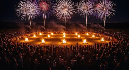 Bonfire night celebration with fireworks display and gathered crowd under night sky for festive event