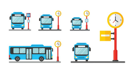Colorful illustration of blue buses bus stops and time schedule signs © mrs rakhi