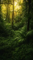 Dense tropical foliage glows with warm summer light, showcasing vibrant green plants and a humid, natural ecosystem. Serene jungle scene ,canopy ,beauty ,untouched