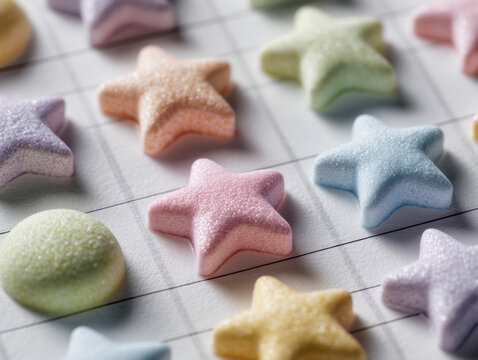 Colorful assorted sugar-coated candies shaped like stars and circles arranged neatly on a white grid surface with soft natural lighting - Powered by Adobe