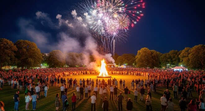 Bonfire night celebration with fireworks display in community gathering